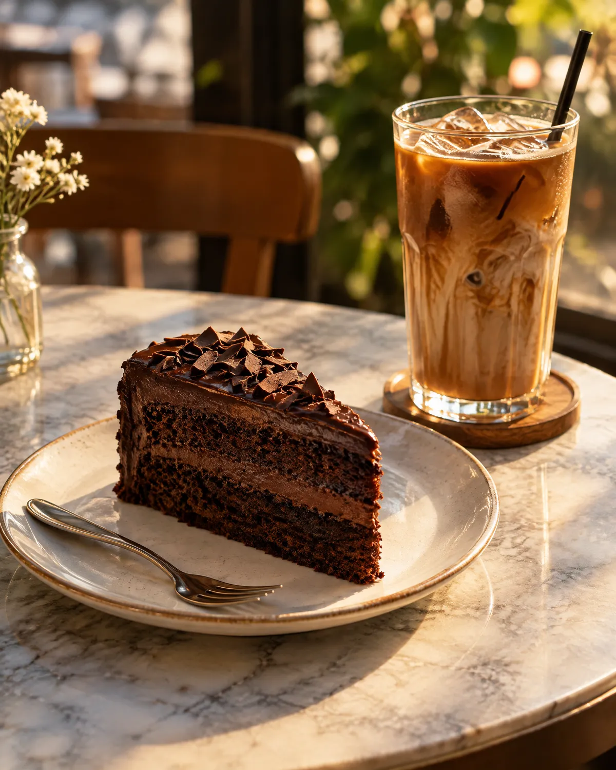 Chocolate cake and iced coffee