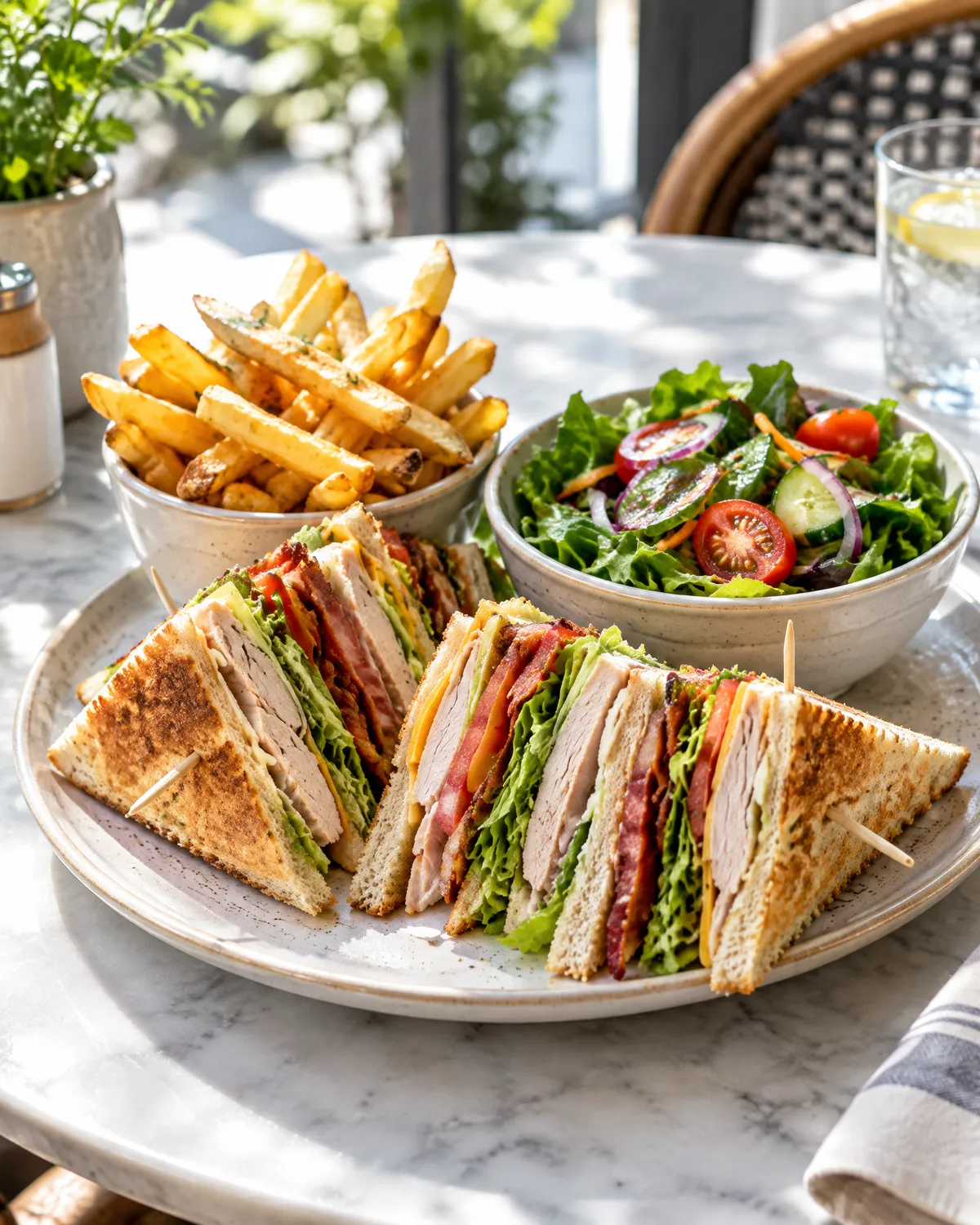 Club sandwich with fries and salad