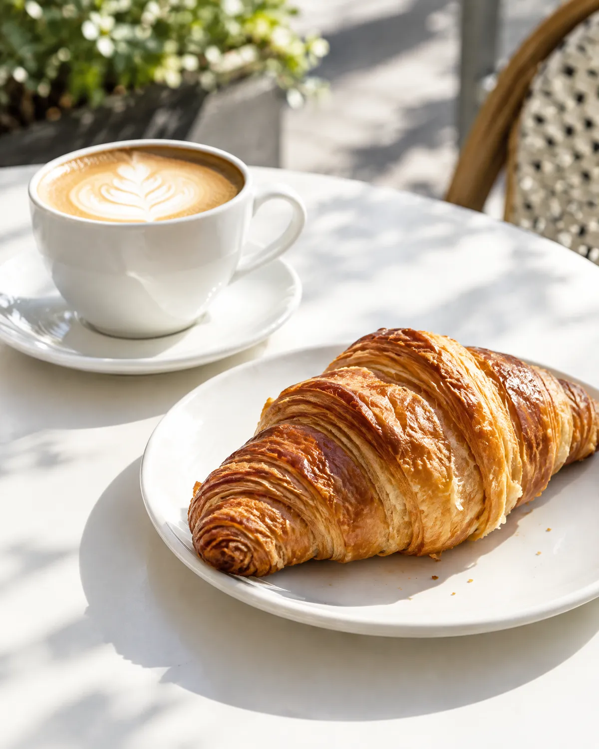 Flat white and croissant in the morning sun