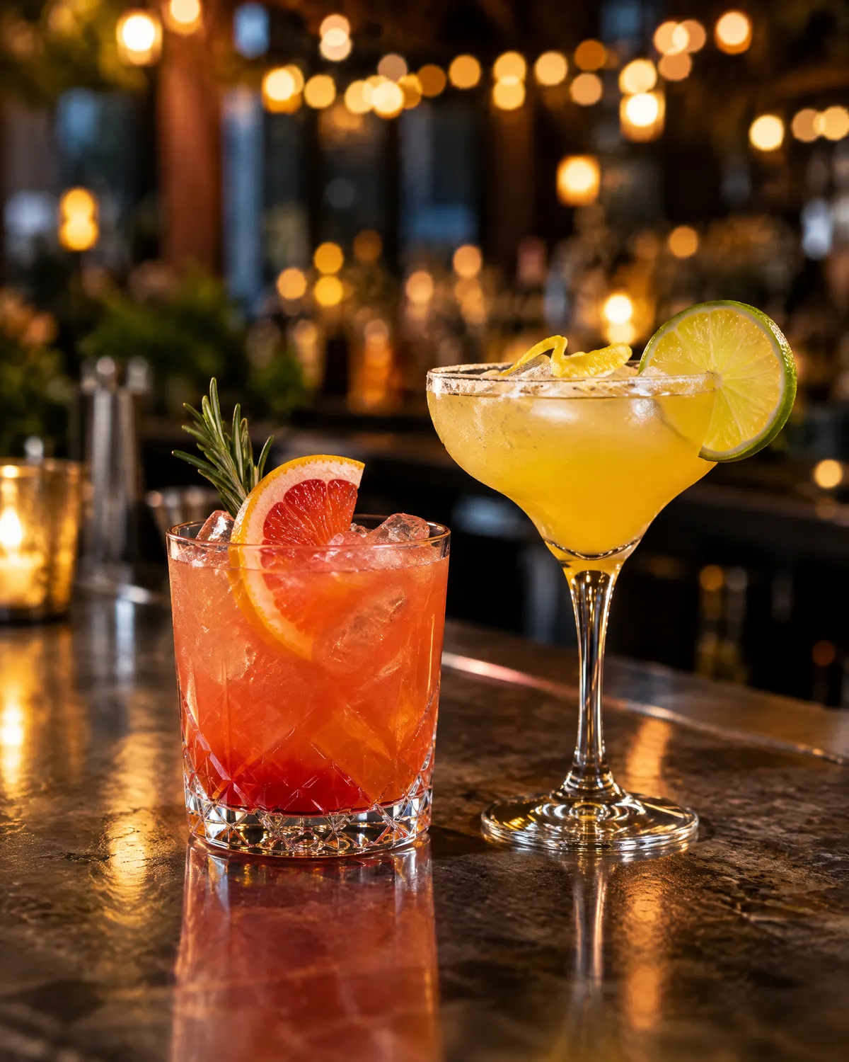 Two colourful cocktails at night